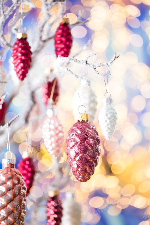 Aperçu: Christmas Greeting Card. Cone Decoration On Bokeh Background. New Year Concept. Copy Space. Flat