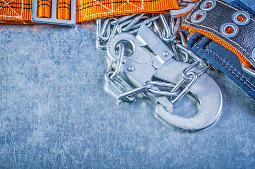 Preview: Construction Safety Belt Metal Chain Carabiner On Metallic Background.