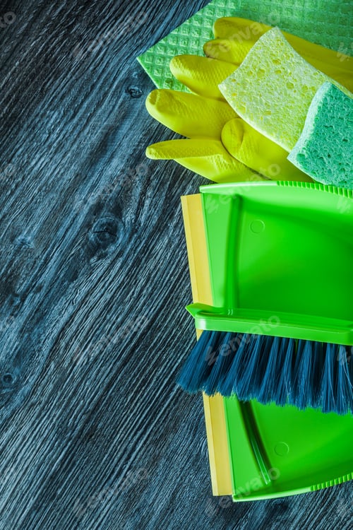 Preview: Dustpan Broom Sponges Safety Gloves Washcloth On Wooden Board.