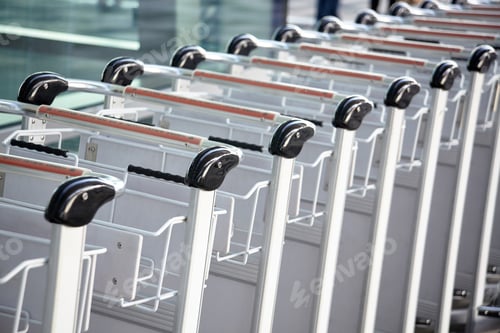 Preview: Closeup View Of Trolleys Luggage In A Raw In Airport.