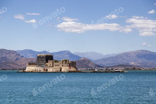 Preview: Small Island, Bourtzi Fortified Island, Nafplio, Argolida Peloponnese, Greece. Medieval Fortress.