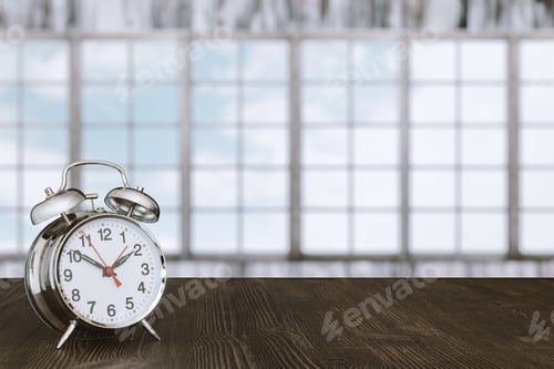 Preview: Clock On Wooden Table In Room With Big Windows