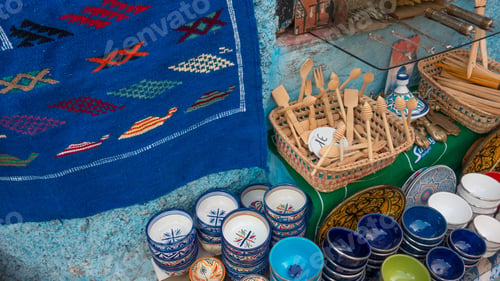 Preview: Handmade Carpet, Pottery And Wood Cookware In A Market, Medina, Chefchaouen, Blue City Of Morocco.