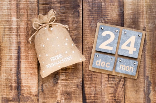 Preview: Christmas Greeting Card. Festive Decoration On Wooden Background. New Year Concept. Copy Space
