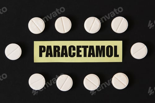 Preview: Sticker With Text Or Inscription: " Paracetamol" (Substance Name) On A Black Background With Pills.