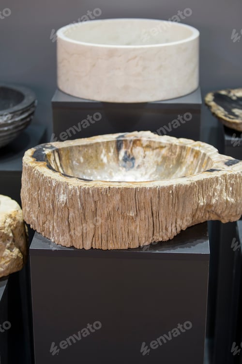 Preview: Decorative Stone Sinks. Modern Bathroom With Selfmade Granite Sink Made From A Rock. Marble Sink In