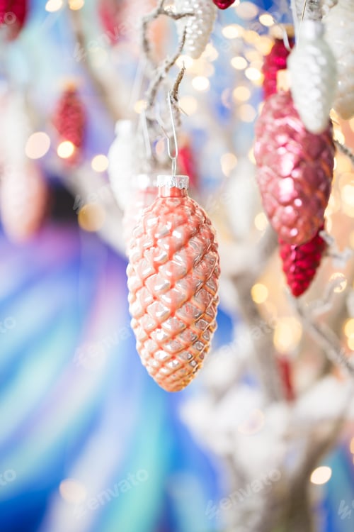 Preview: Christmas Greeting Card. Cone Decoration On Bokeh Background. New Year Concept. Copy Space. Flat