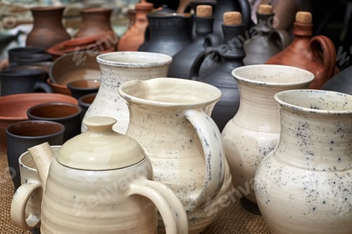 Preview: Close-Up Of Pottery Training Production. Many Clay Jugs With Locks And Vessels For Oil Or Wine.
