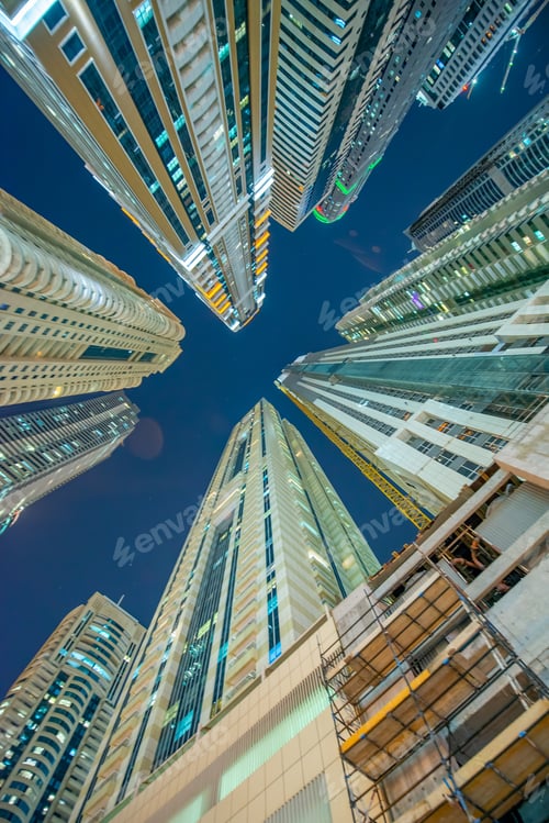 Preview: Dubai Marina Night Skyline. Buildings Skyward View, United Arab Emirates.