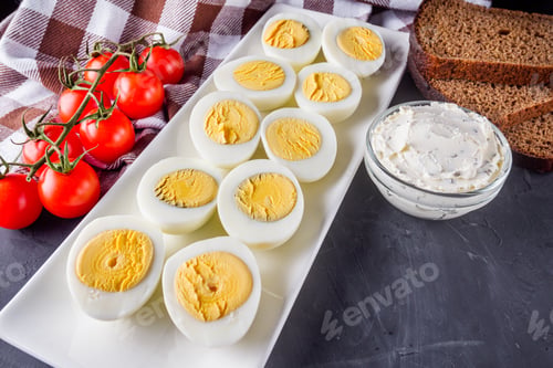 Preview: Boiled Chicken Eggs On A Dark Stone Background