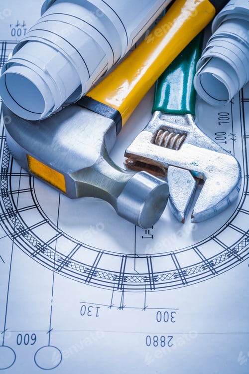 Preview: Adjustable Spanner Rolled Up Construction Plans And Claw Hammer Building Concept