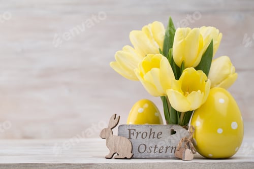 Preview: Yellow Tulips, Spring Flowers And Easter Decoration.