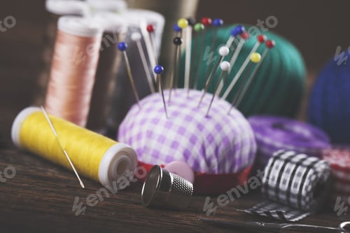 Preview: Sewing Instruments, Threads, Needles, Bobbins And Materials. Studio Photo
