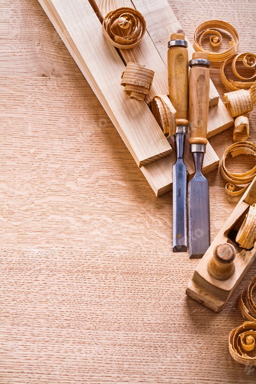 Preview: Organized Copyspace Carpentry Chisels Planks Woodworkers Plane On Wooden Board