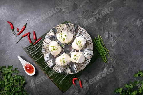 Preview: Chinese Style Dumplings With Chives Served With Traditional Japanese Onigiri, Soy Sauce, Sweet