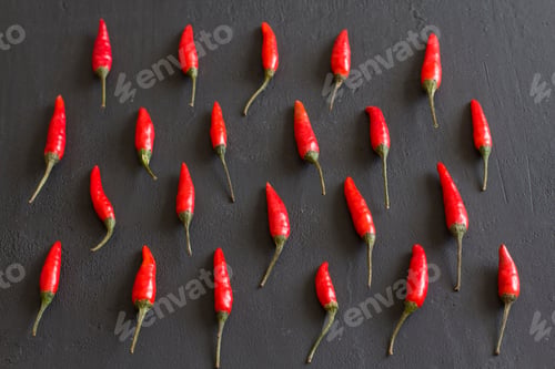 Preview: Red Hot Chili Peppers On Black Dark Background On Black Table. Copy Space For Your Text. Flat Lay