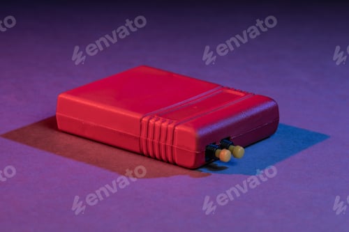 Preview: Data Cartridge For A 1980S Computer. Red With Two Yellow Buttons.