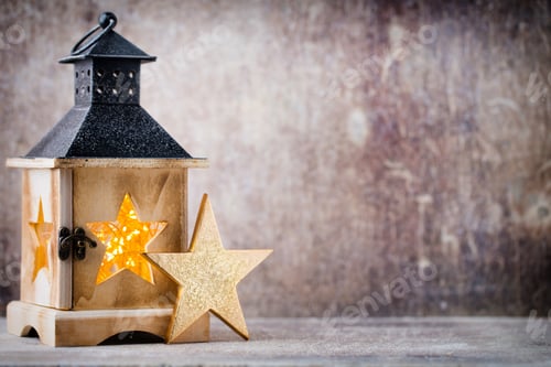 Preview: Christmas Lantern Decor With Gnome. Holiday Greeting Card.