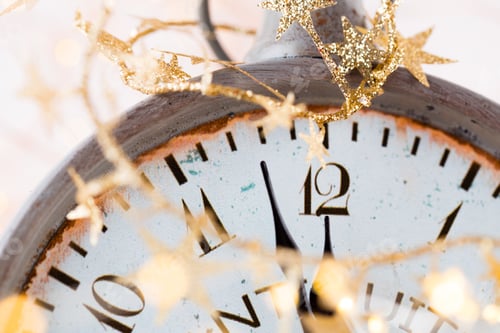 Preview: Abstract Background With Fireworks And Clock Close To Midnight. Christmas And Happy New Years Eve
