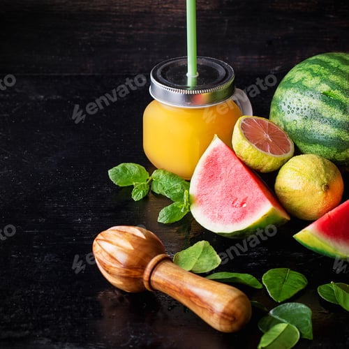 Preview: Mini Watermelons With Citrus Juice: Tiger Limes, Oranges And Mint. Square Image