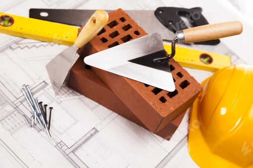 Preview: Building And Construction Equipment On Blueprints