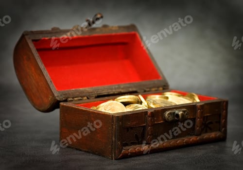 Preview: Wooden Casket Full Of Coins On Grey Background