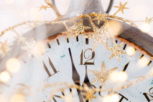 Preview: Abstract Background With Fireworks And Clock Close To Midnight. Christmas And Happy New Years Eve