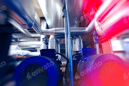 Preview: Industrial Factory. Various Mechanisms And Metal Pipes. Toned Image. Motion Blur Effect.