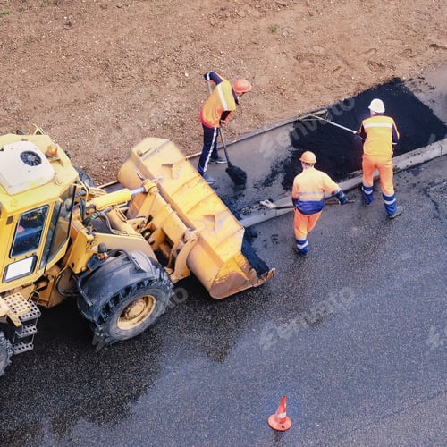 Preview: Road Works Flooring Asphalt Laying. Top View Excavator