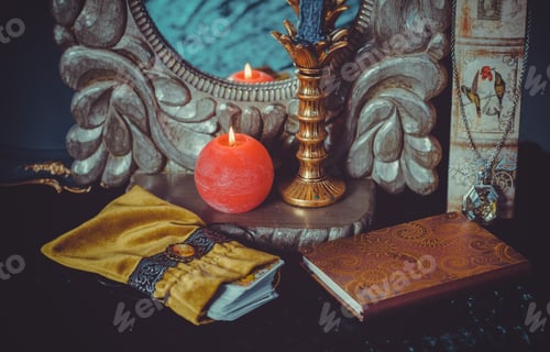 Preview: Magical Scene, Esoteric Concept, Fortune Telling, Candle, Tarot Cards On A Table, Vintage Details