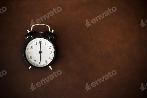 Preview: Vintage Alarm Clock Reminder Symbol On Six O'Clock Hour On Wooden Background
