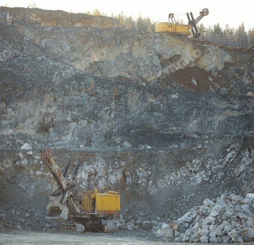 Preview: Two Heavy Quarry Excavators In A Stone Quarry, Panorama.