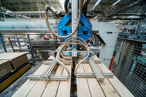 Preview: Production Line Of The Wooden Floor Factory. Cnc Automatic Woodworking Machine. Industrial