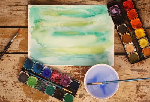 Preview: Watercolor Painting with Paints and Brushes on Wood