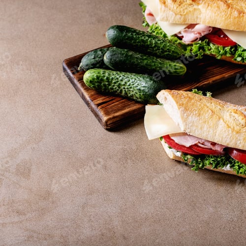 Preview: Homemade Sandwich: Tomatoes, Sliced Cucumber, Cheese, Ham, Lettuce, Cream Cheese And French