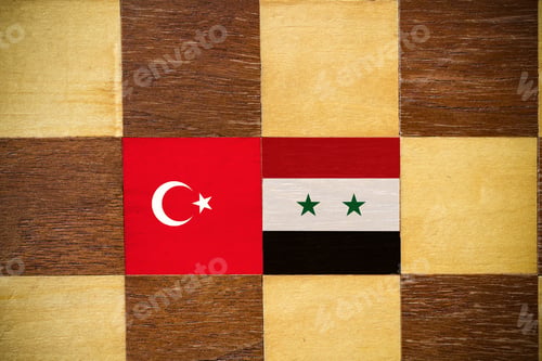 Preview: Wooden Chessboard Close-Up With The Image Of The Flags Of Turkey And Syria. Background. The Concept