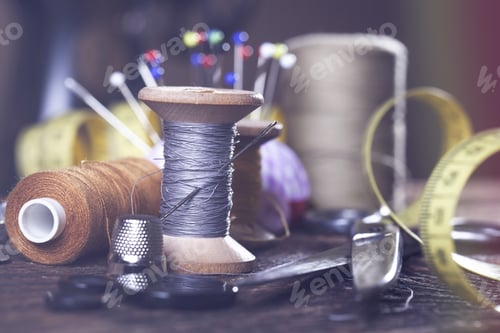 Preview: Sewing Instruments, Threads, Needles, Bobbins And Materials. Studio Photo