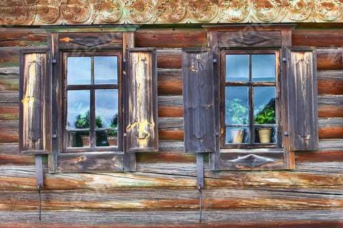Preview: Old Country Windows. Russia. Windows In The Wall Of Old Logs, With Shiny Glass, Green Flowers