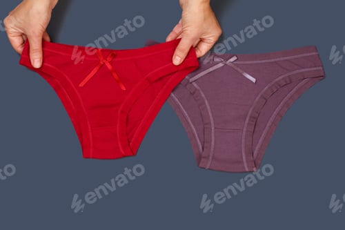 Preview: Women'S Hands Holding Red Cotton Panties And Brown One On Gray Background. Woman Underwear Set. Top