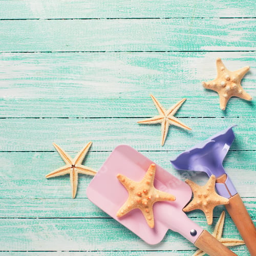 Preview: Tools For Children For Playing In Sand And Sea Object On Turquoise Painted Wooden Planks. Place For