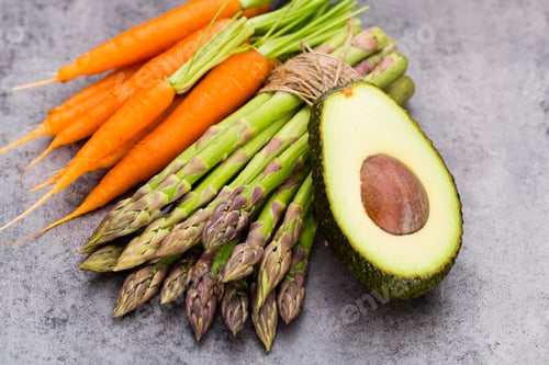 Preview: Banches Of Fresh Green Asparagus, And Vegetables On Wooden Background, Top View
