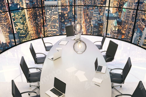 Preview: Conference Room With Wooden Table And Beautiful City View At Evening 3D Render