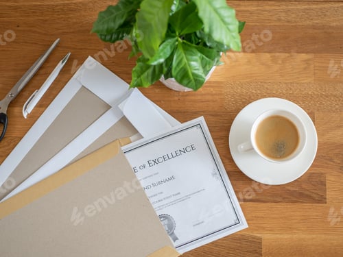 Preview: A Certificate In A Hard Paper Envelope Placed On The Desk In Office.