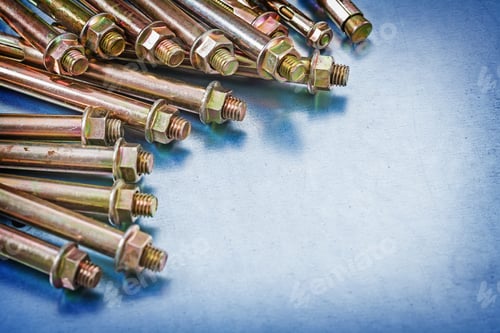 Preview: Variation Of Metal Anchor Bolts With Construction Nuts On Metallic Background Repairing Concept.