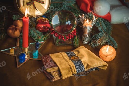 Preview: Concept Of Christmas Divination Predictions On Tarot Cards, Magical Ball And Other Magic