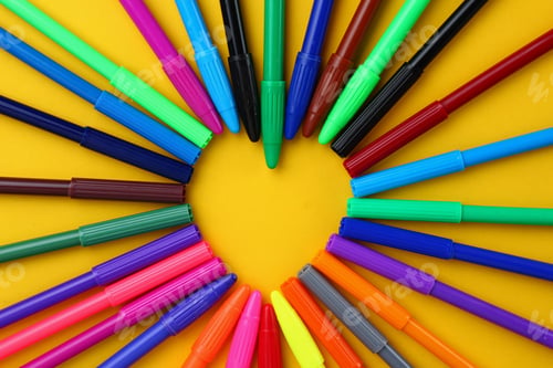Preview: Multi-Colored Markers Form A Heart-Shaped Frame For Lettering Or Inscription. Background With