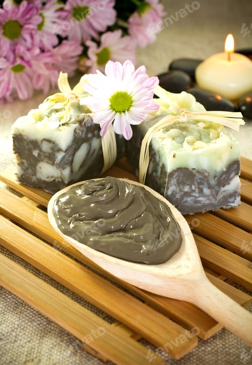 Preview: Spa Treatment. Clay, Burning Candle, Natural Soaps, Flowers.