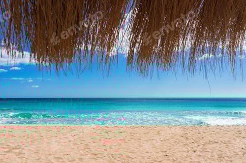 Preview: Beautiful Sand Beach With Turquoise Sea Water, Sun, Blue Sky And Straw Umbrella