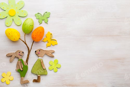 Preview: Spring And Easter Decor. Wooden Symbols Bunny, Flowers And Butterflies.