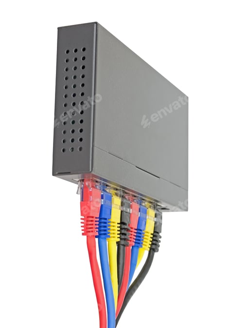 Preview: Multicolored Network Cables Connected To Router On A White Background